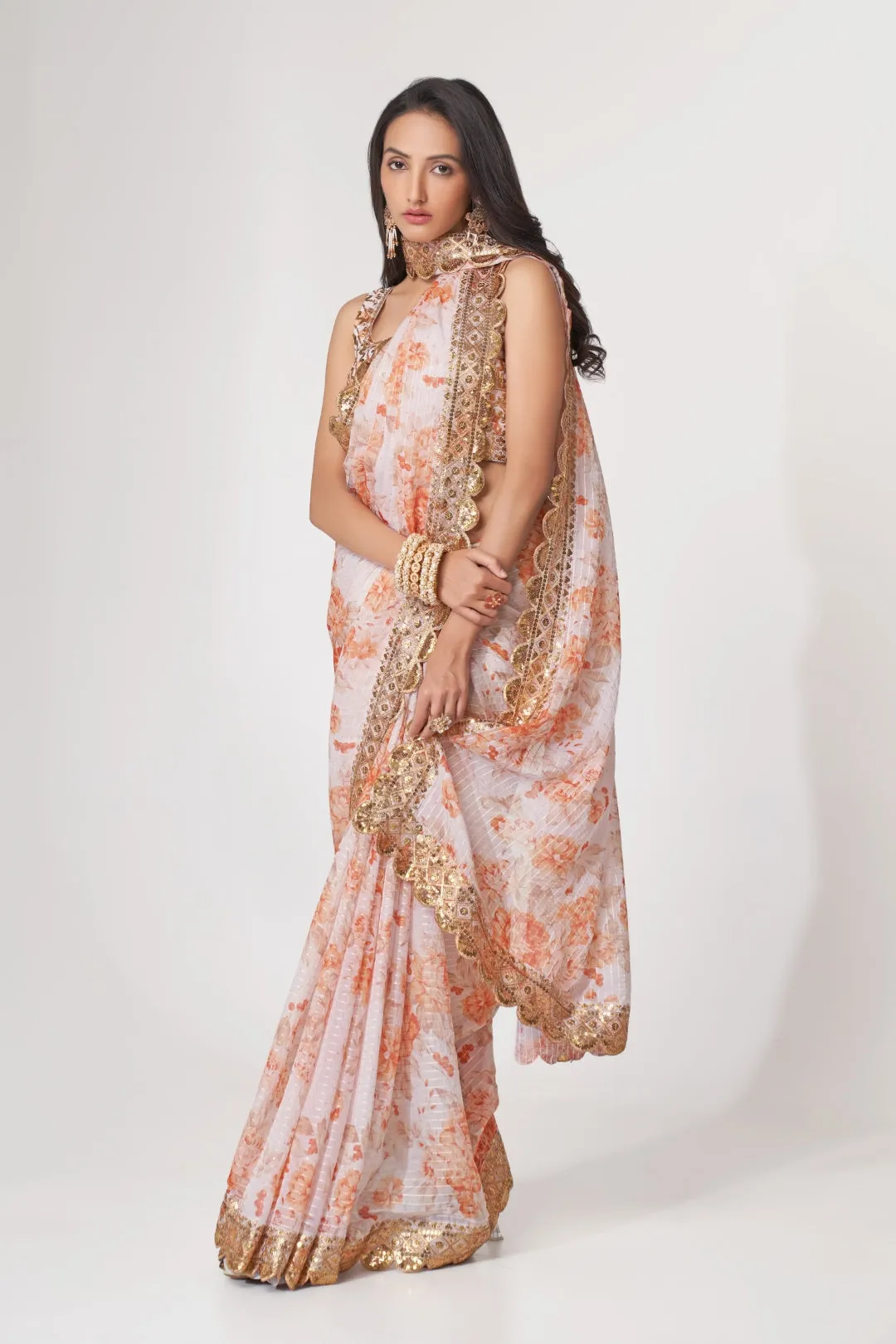 White Organza Saree with Sequin Embroidery and Digital Print