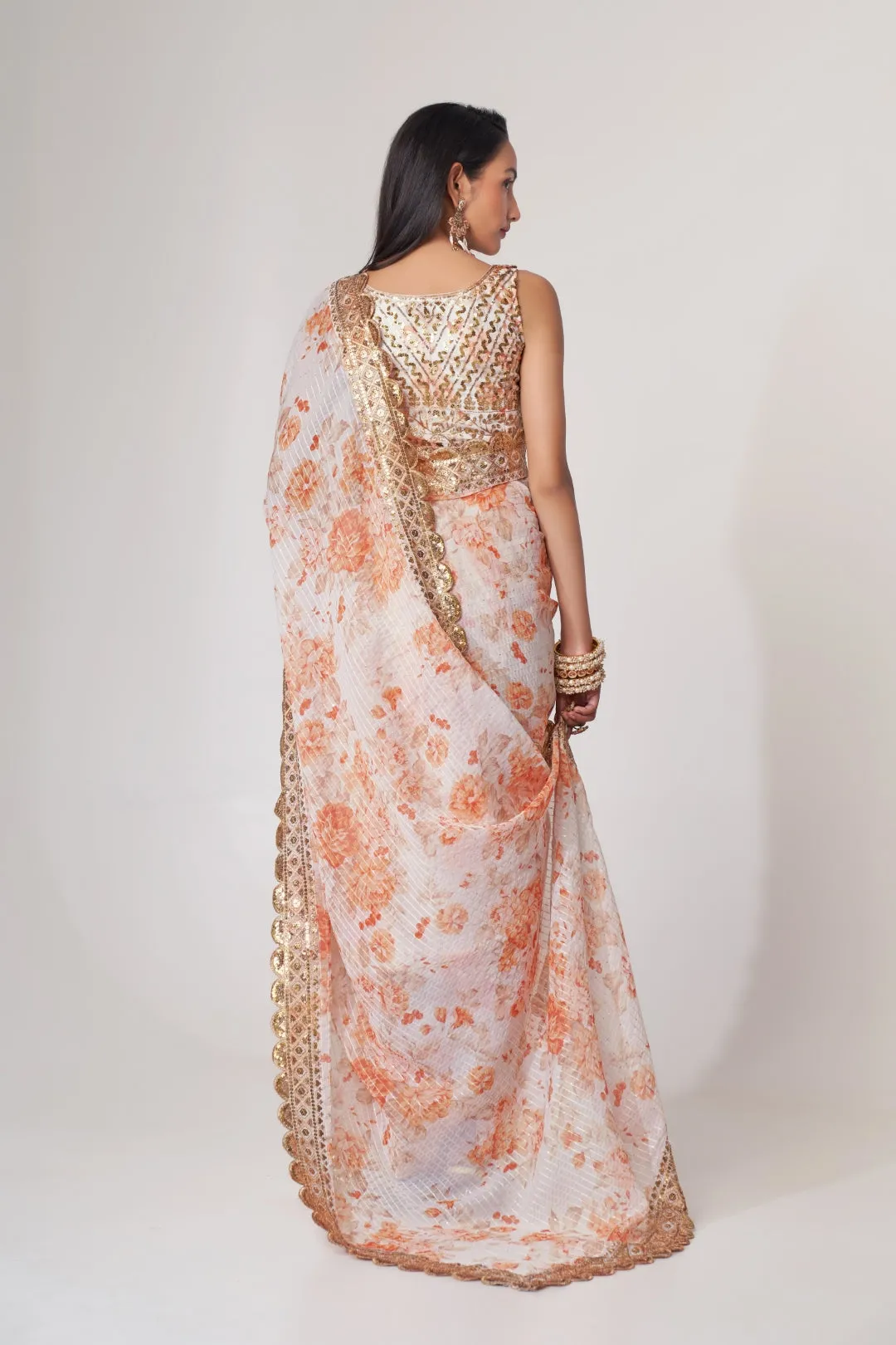 White Organza Saree with Sequin Embroidery and Digital Print