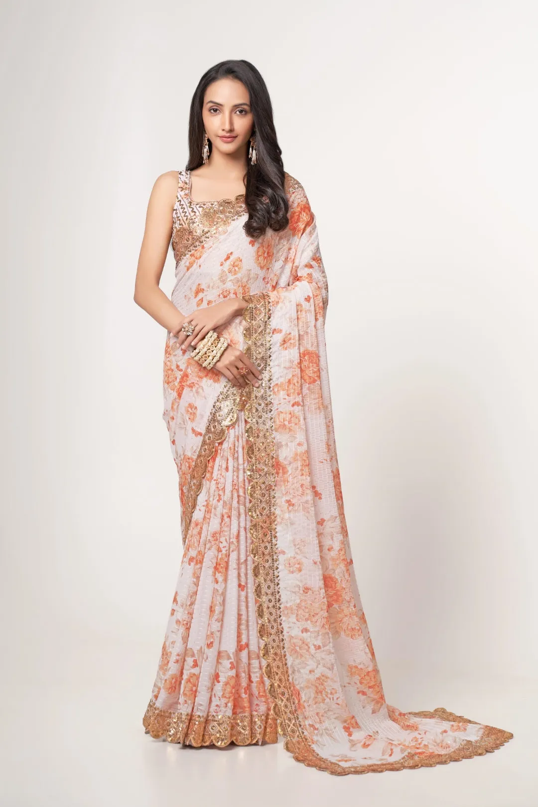 White Organza Saree with Sequin Embroidery and Digital Print