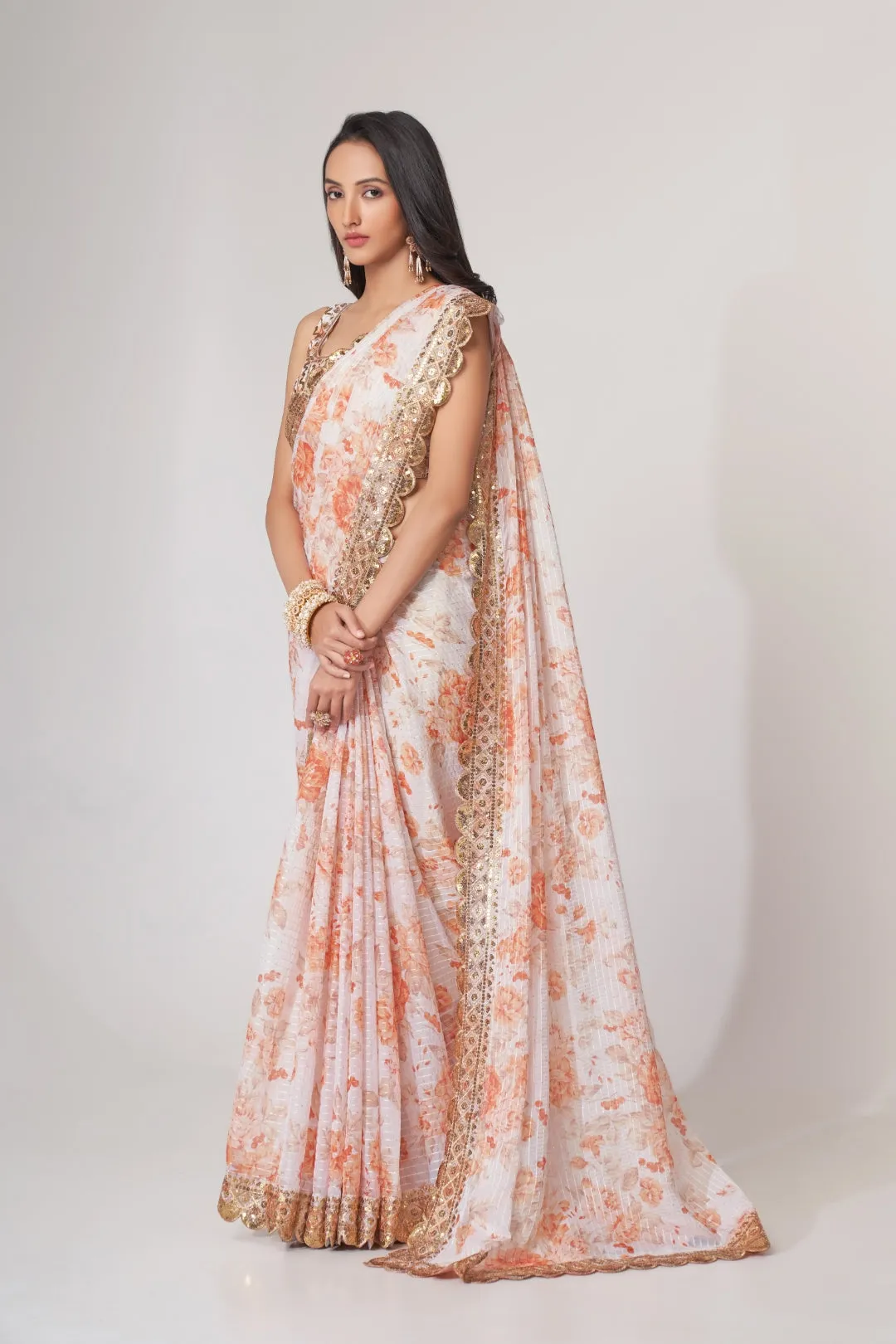 White Organza Saree with Sequin Embroidery and Digital Print