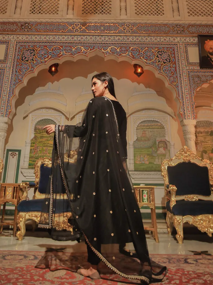 Women Black Velvet Hand Work Kurta Pant With Net Dupatta Set