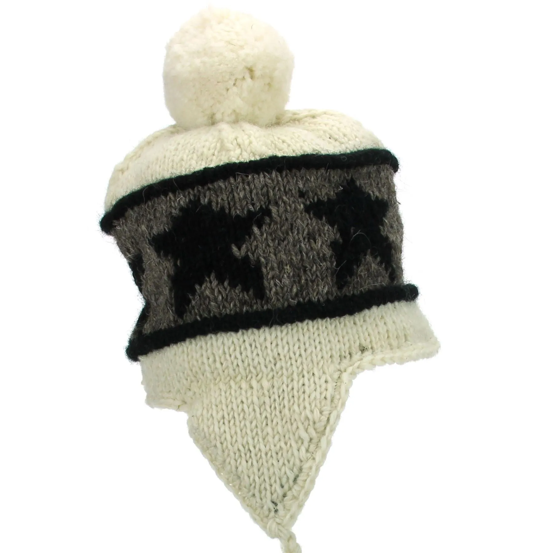 Wool Knit Earflap Bobble Hat - Star Cream