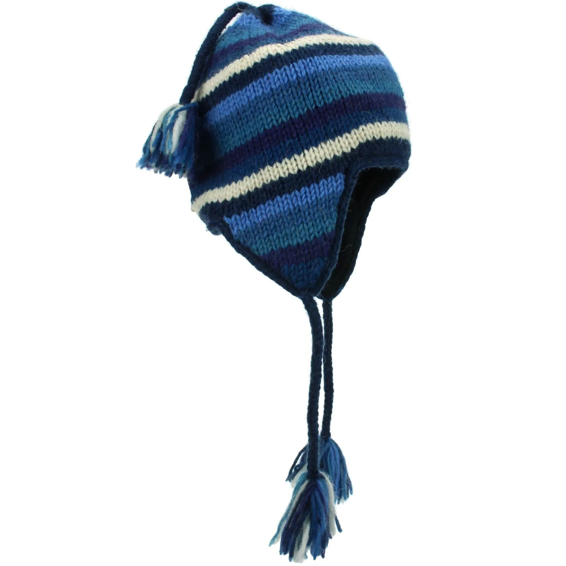 Wool Knit Earflap Tassel Hat - Stripe Blue White