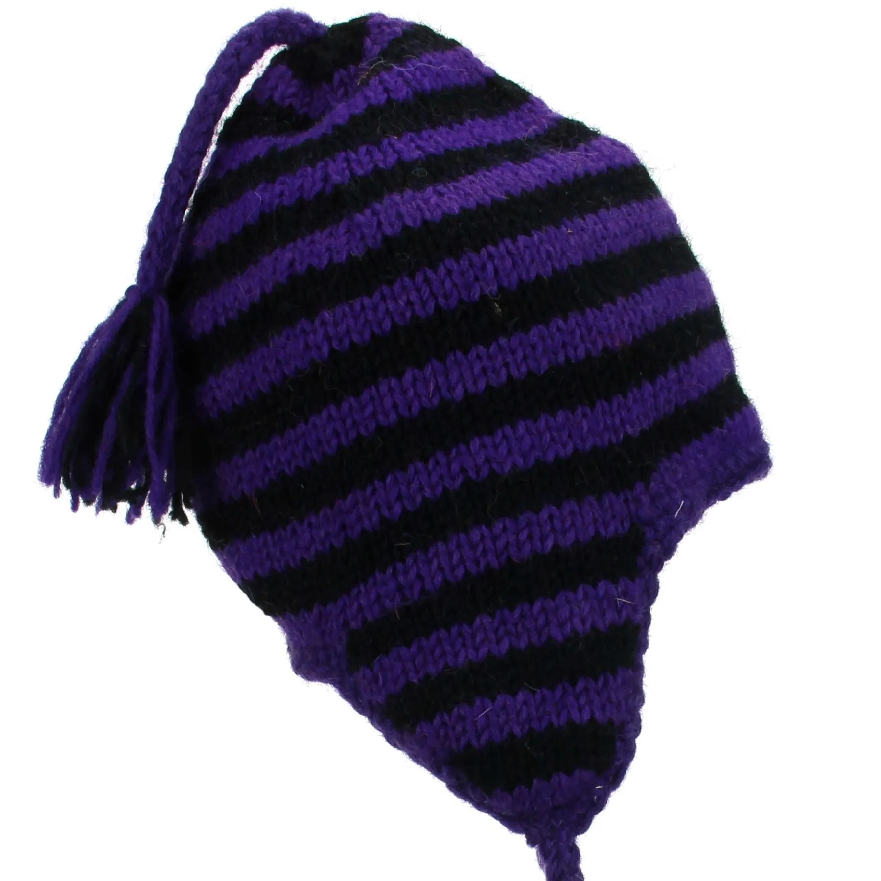 Wool Knit Earflap Tassel Hat - Stripe Purple Black