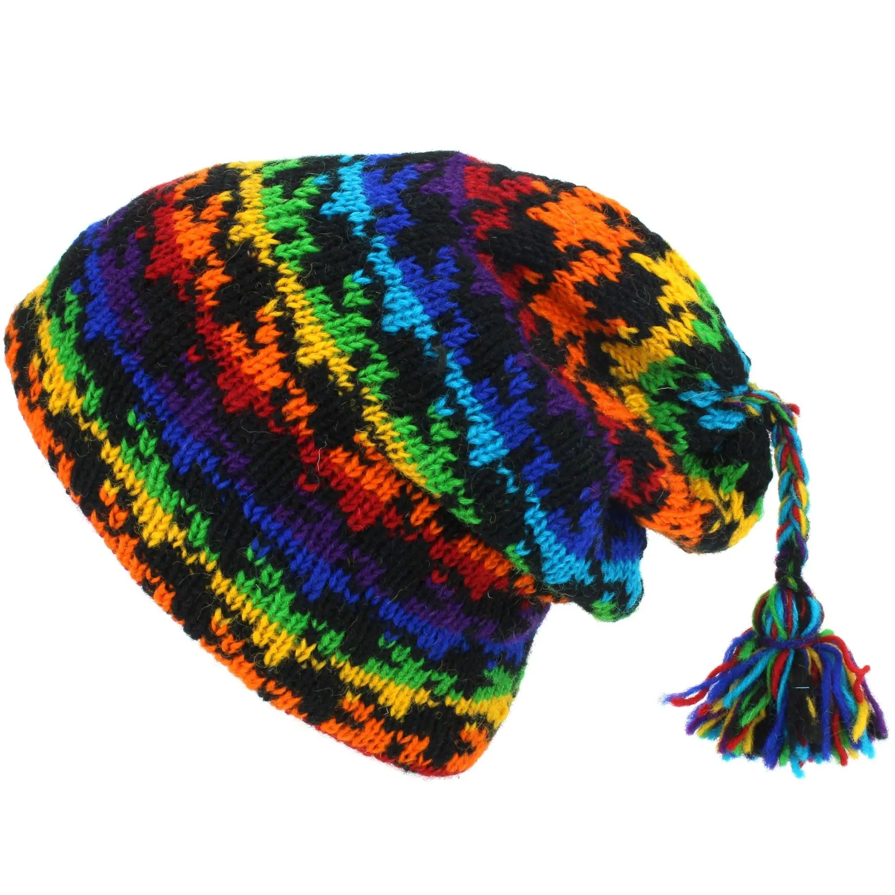 Wool Knit Tassel Beanie Hat - Rainbow Houndstooth